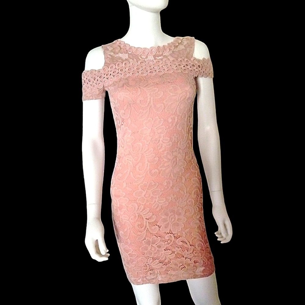 Ambiance Lace Dress cold shoulder SZ S‎ Dusty Rose pink lined fitted